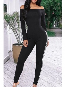 Black Bateau Neck Striped One-piece Jumpsuits