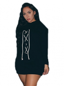 Black Cotton Blend Casual Long Sleeve Mini Dresses