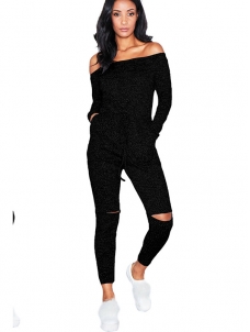 Black Dew Shoulder Broken Holes Jumpsuits 