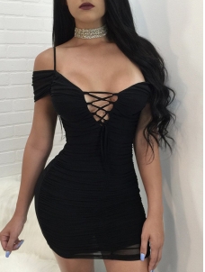 Black Dew Shoulder Lace-up Hollow-out Mini Dress