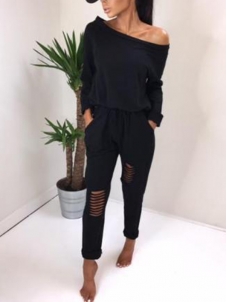 Black Dew Shoulder Neck Hollow-out Jumpsuits