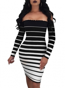 Black Dew Shoulder Striped Bodycon Dress