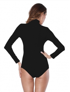 Black Long Sleeves Nylon One-piece Bodysuit 