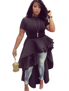 Black Mandarin Collar Asymmetrical Falbala Maxi Dress