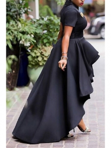 Black Mandarin Collar Asymmetrical Falbala Maxi Dress