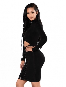 Black Mandarin Collar Lace-up Hollow-out Bodycon Dress