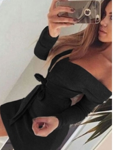 Black Off Shoulder Long Sleeves Lace-up Mini Dress