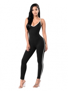 Black Polyester Striped Skinny Jumpsuits
