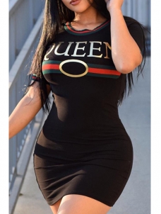 Black Round Neck Letters Printed Casual Dress