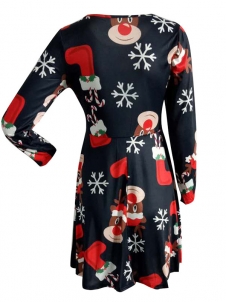 Black Round Neck Long Sleeves Polyester Printed Casual Dress