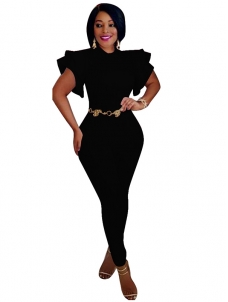 Black Round Neck Lotus Leaf Sleeves Jumpsuits