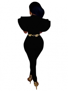 Black Round Neck Lotus Leaf Sleeves Jumpsuits