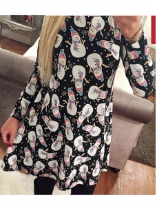 Black Round Neck Printed Blue Casual Dress 