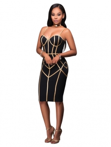 Black S-XL Sexy Striped Straps Midi Dress