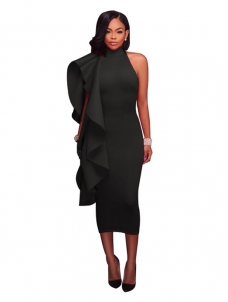 Black S-XXL Back Zipper Maxi Dress