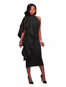 Black S-XXL Back Zipper Maxi Dress