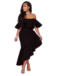 Black S-XXL Sexy Bateau Neck Maxi Dress