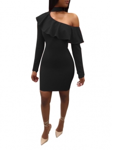 Black S-XXL Sexy Ruffle Overlay Mini Dress