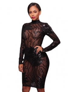 Black See-Through Gauze Patchwork Sequined Dress