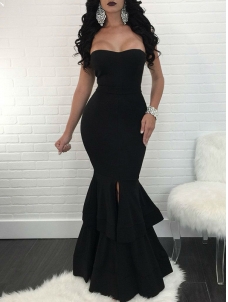Black Sexy Dew Shoulder Falbala Maxi Dress