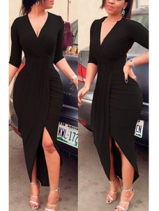 Black Sexy Half Sleeves Asymmetrical Dress
