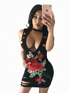 Black Sexy Hollow-out Embroidered Mini Dress