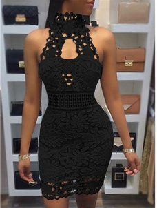 Black Sexy Hollow-out Lace Sheath Mini Dress