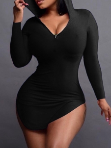 Black Sexy Hooded Collar Irregular Casual Dress 
