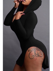 Black Sexy Hooded Collar Irregular Casual Dress 