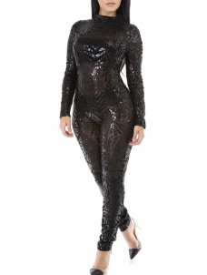 Black Sexy Printed See-Through Jumpsuits