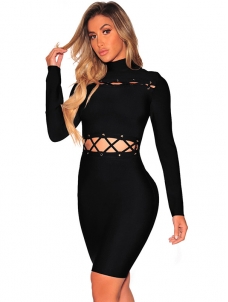 Black Sexy Round Neck Hollow-out Bodycon Dress 