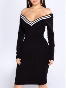 Black Sexy V Neck Cap Sleeves Striped Midi Dress 