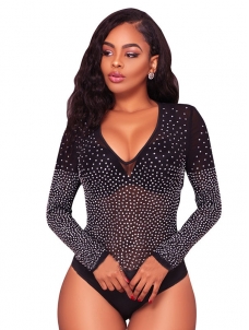 Black Sexy V Neck Hot Drilling Decorative Bodysuit 