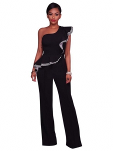 Black Stylish Asymmetrical Cotton One-piece Jumpsuits   