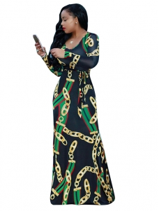 Black Stylish Round Neck Printed Maxi Dress