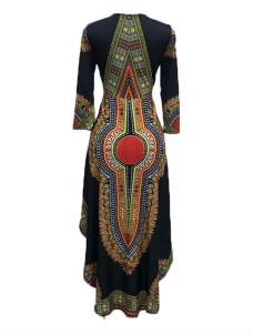 Black Three Quarter Sleeves Printed Asymmetrical Dress