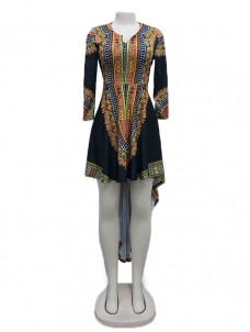 Black Three Quarter Sleeves Printed Asymmetrical Dress