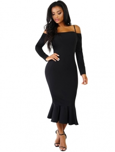 Black Trendy Falbala Design Sheath Dress 