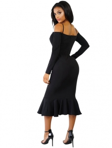 Black Trendy Falbala Design Sheath Dress 