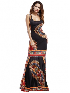 Black Trendy Spaghetti Strap Sleeveless Printed Dress