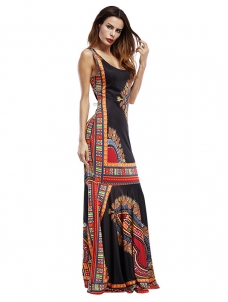 Black Trendy Spaghetti Strap Sleeveless Printed Dress