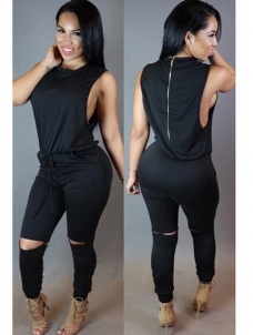 Black Trendy Tank Sleeveless Zipper Jumpsuits 