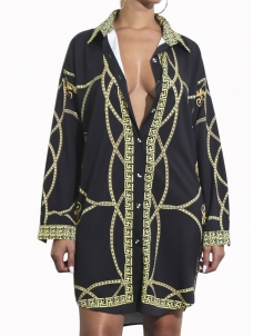 Black Trendy Turndown Collar Printed Dress