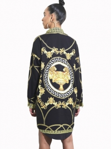 Black Trendy Turndown Collar Printed Dress