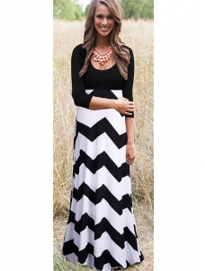 Black U Neck Patchwork Colorful Wavy Print Blending Bohemian Dress 