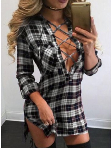 Black V Neck Plaids Hollow-out Dress