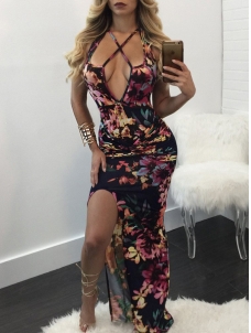 Black V Neck Sleeveless Printed High Split Dress