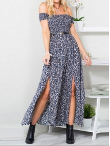 Blue Dew Shoulder High Split  Maxi Dress 