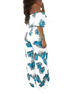 Blue Dew Shoulder Print White Milk Jumpsuits