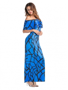 Blue Falbala Design Ankle Length Maxi Dress